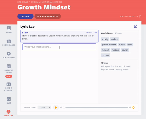 Growth Mindset Lyric Lab Hip-Hop Pedagogy example