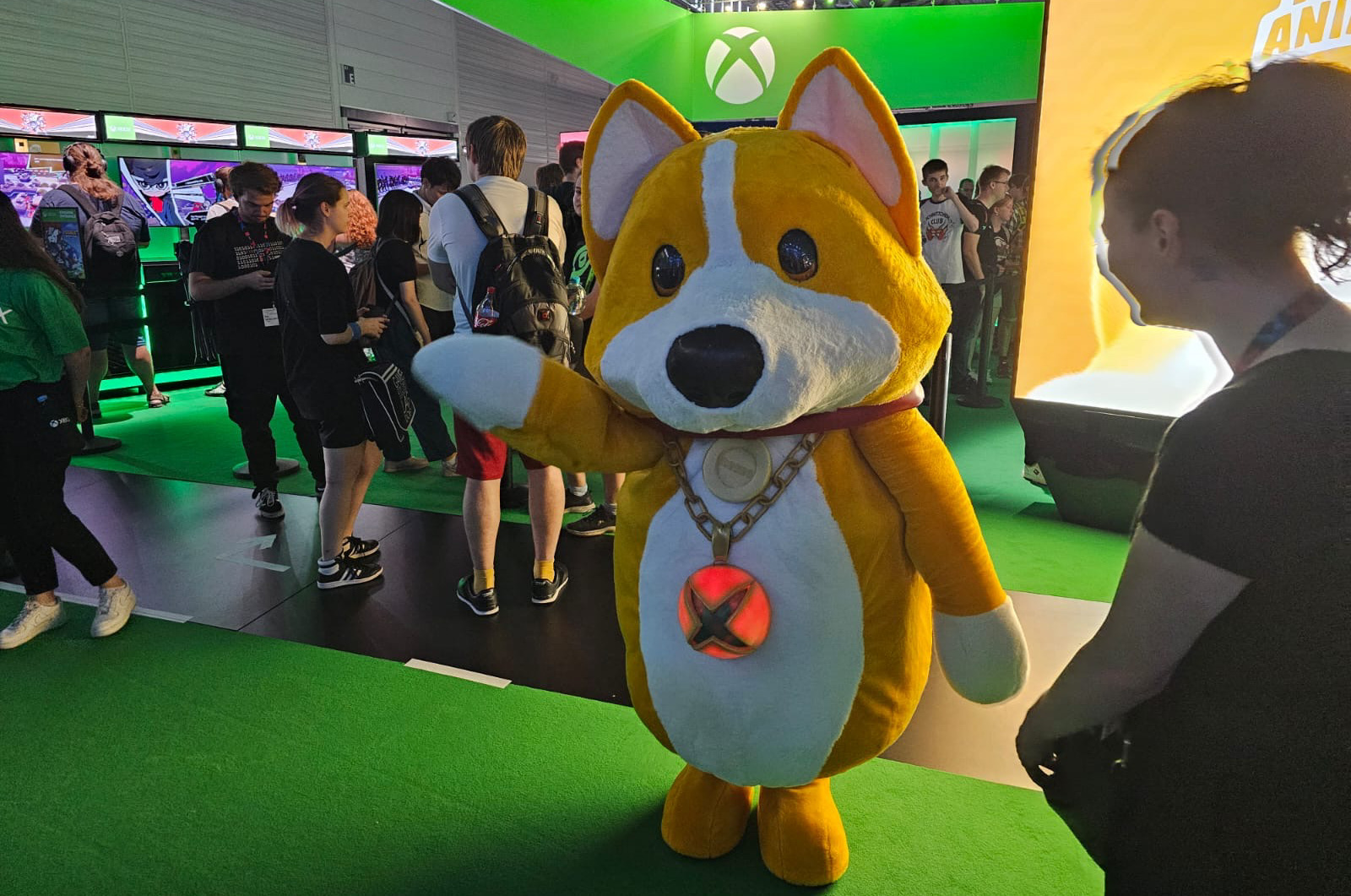 Xbox Booth Image showing a Party Animals mascot.
