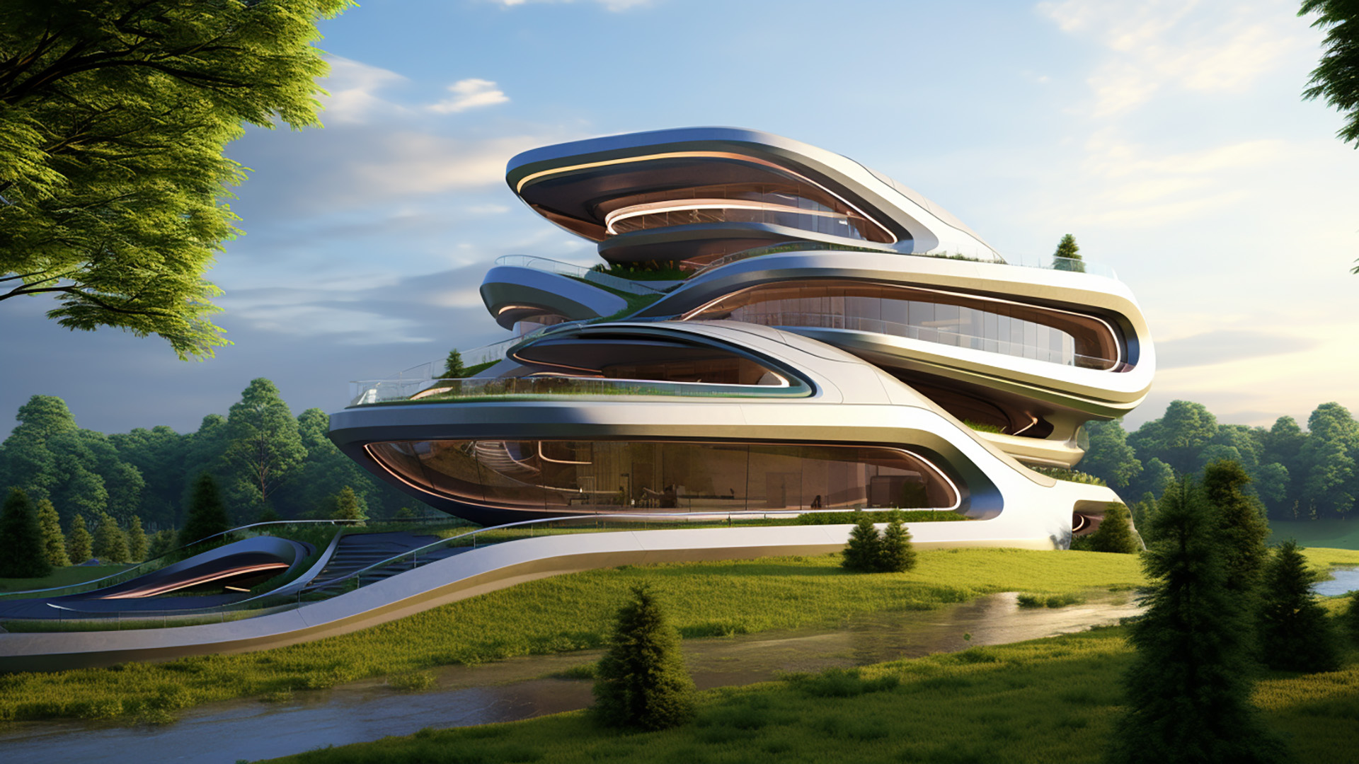 futuristic sustainable and energy-efficient building concept created by generative ai