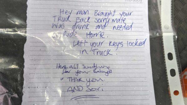 Man steals truck, returns it four days later with an apology note