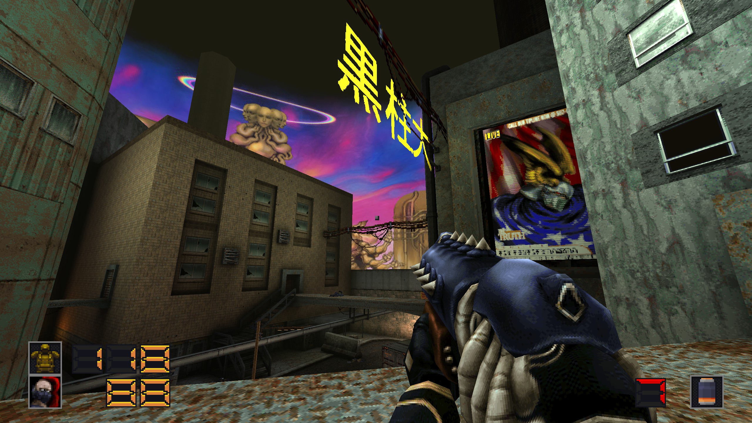 Slave Zero X Quake mod gameplay showing surreal cyberpunk city